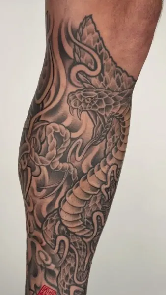 Coil a powerful narrative around your natural anatomy. Book your bespoke black and grey illustrative piece with experienced artist Daisuke Sakaguchi at Silent Moon Tattoo (London SE16).
