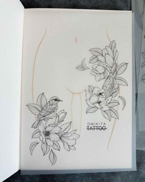 Available magnolia and songbird flash tattoo by Dominika at Silent Moon, our private tattoo studio in Bermondsey, South East London.