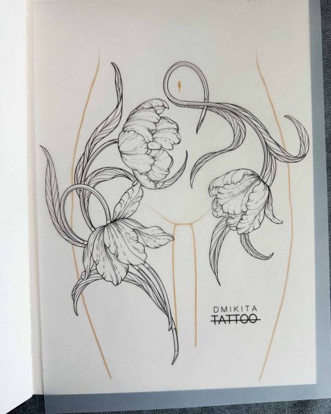 Available parrot tulip flash tattoo by Dominika at Silent Moon, our private tattoo studio in Bermondsey, South East London.