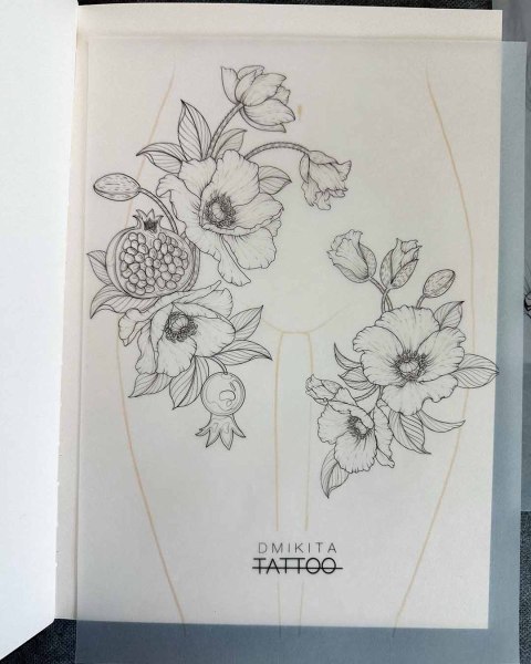 Available pomegranate and poppy flash tattoo by Dominika at Silent Moon, our private tattoo studio in Bermondsey, South East London.
