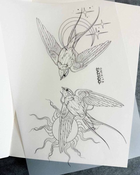 Available sun and moon swallows flash tattoo by Dominika at Silent Moon, our private tattoo studio in Bermondsey, South East London.