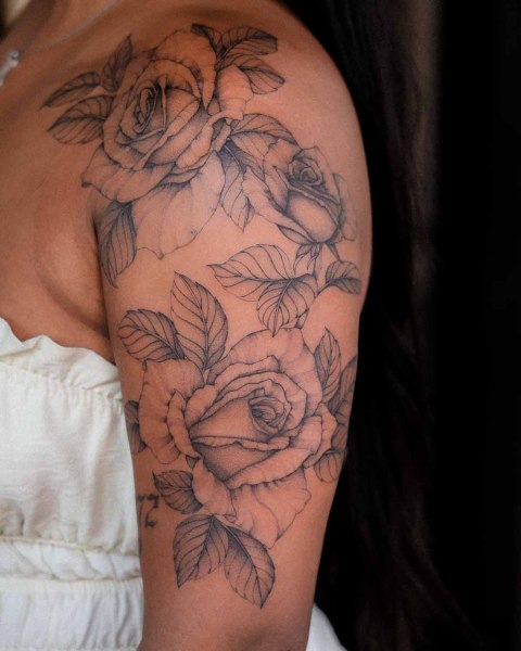 Fine line dotwork rose tattoo by Dominika at Silent Moon, our private tattoo studio in Bermondsey, South East London.