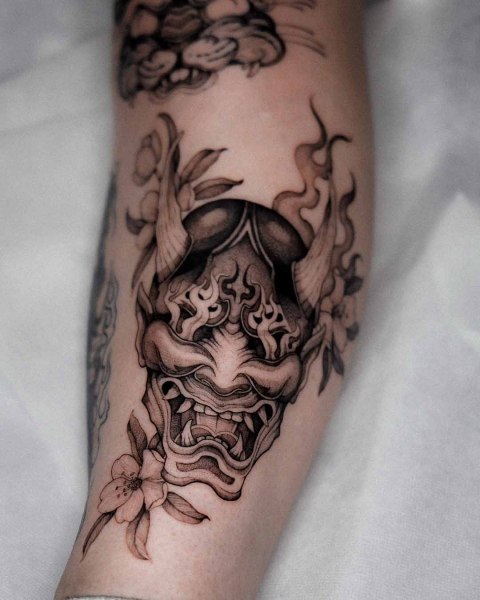 Japanese-inspired hannya mask tattoo by Dominika at Silent Moon, our private tattoo studio in Bermondsey, South East London.