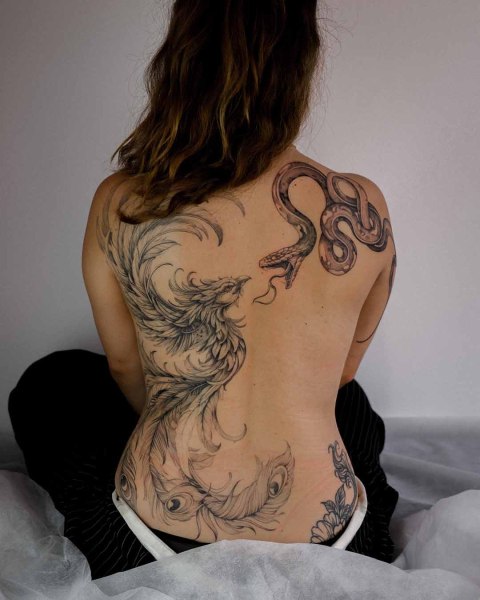 Fine line phoenix tattoo by Dominika at Silent Moon, our private tattoo studio in Bermondsey, South East London.