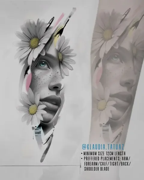 Claim this elegant abstract realism daisy portrait! Available starting at 12cm for arm, calf, thigh, or back placements with 15-year veteran artist Klaudia at Silent Moon Tattoo (London SE16).