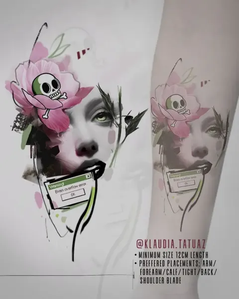 Claim this unique "Brain Overflow" abstract glitch portrait today! Available starting at 12cm for arm, calf, thigh, or back placements with 15-year veteran artist Klaudia at Silent Moon Tattoo (London SE16).