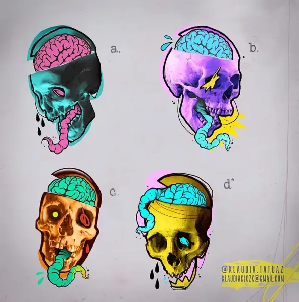 Claim your favorite neon pop-surrealism skull! Secure your next vibrant, illustrative custom piece with 15-year veteran artist Klaudia at Silent Moon Tattoo (London SE16).