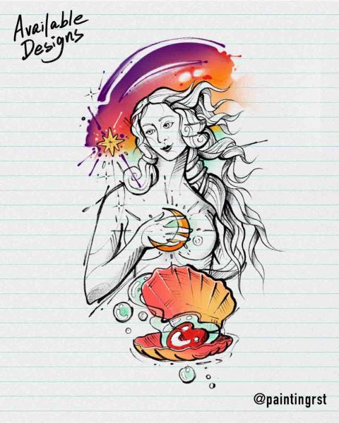 Available Birth of Venus tattoo design by guest artist Peng at Silent Moon, our private tattoo studio in Bermondsey, South East London.