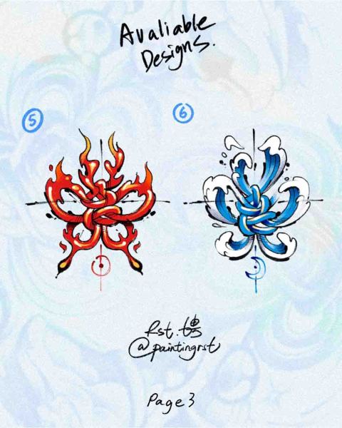 Available fire and water Chinese knot tattoo designs by guest artist Peng at Silent Moon, our private tattoo studio in Bermondsey, South East London.