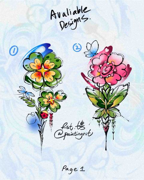 Available four-leaf clover and pink flower tattoo designs by guest artist Peng at Silent Moon, our private tattoo studio in Bermondsey, South East London.