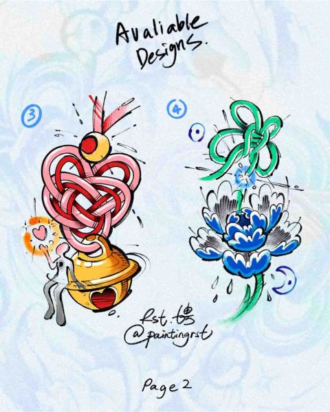 Available Chinese knot and blue peony tattoo designs by guest artist Peng at Silent Moon, our private tattoo studio in Bermondsey, South East London.