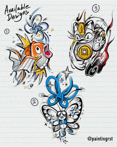 Available Pokémon tattoo designs by guest artist Peng at Silent Moon, our private tattoo studio in Bermondsey, South East London.