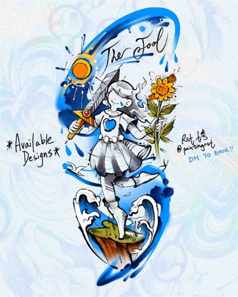 Available The Fool tarot tattoo design by guest artist Peng at Silent Moon, our private tattoo studio in Bermondsey, South East London.