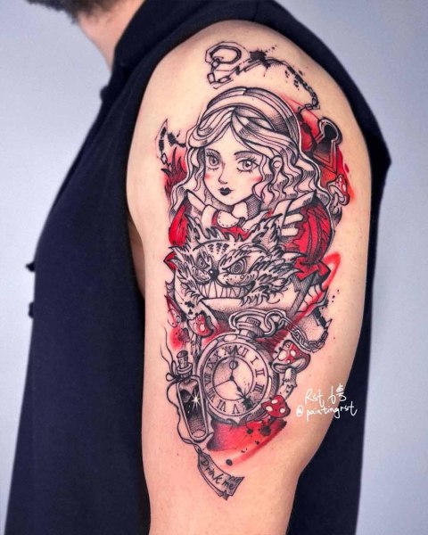 Black and red Alice in Wonderland tattoo by guest artist Peng at Silent Moon, our private tattoo studio in Bermondsey, South East London.