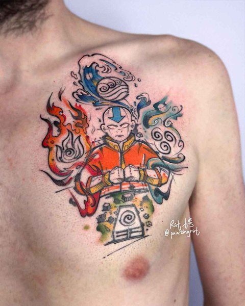 Colour Avatar: The Last Airbender chest tattoo by guest artist Peng at Silent Moon, our private tattoo studio in Bermondsey, South East London.