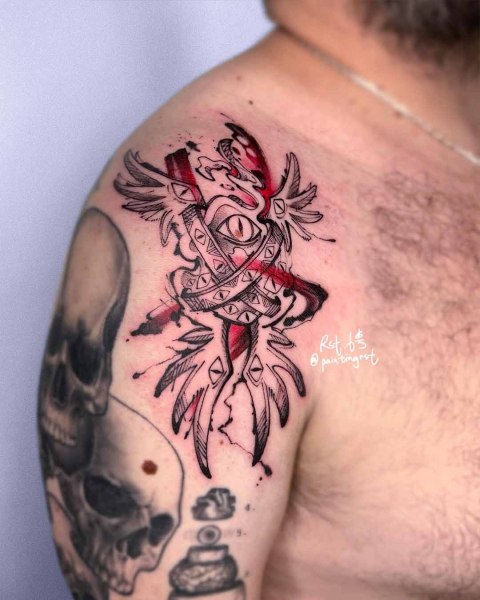 Black and red biblically accurate angel tattoo by guest artist Peng at Silent Moon, our private tattoo studio in Bermondsey, South East London.