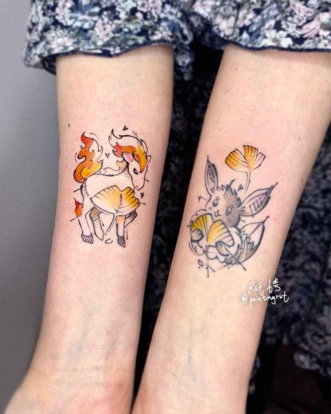 Eevee and Ponyta Pokémon forearm tattoos by guest artist Peng at Silent Moon, our private tattoo studio in Bermondsey, South East London.