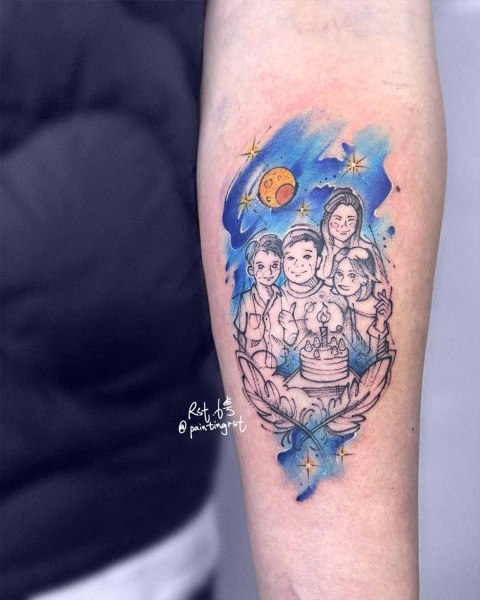 Watercolour family portrait tattoo by guest artist Peng at Silent Moon, our private tattoo studio in Bermondsey, South East London.