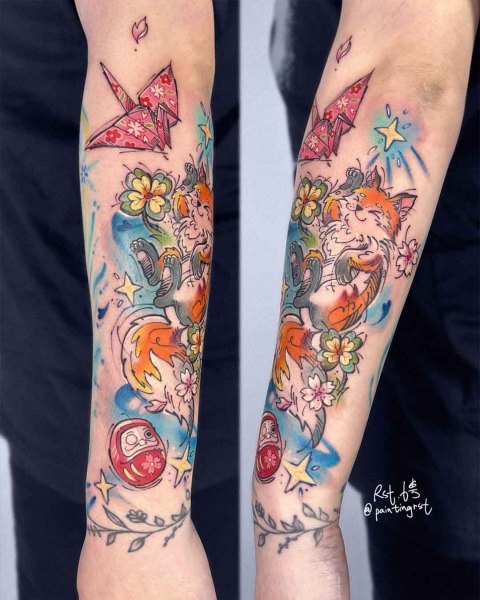 Colourful fox and origami crane forearm tattoo by guest artist Peng at Silent Moon, our private tattoo studio in Bermondsey, South East London.