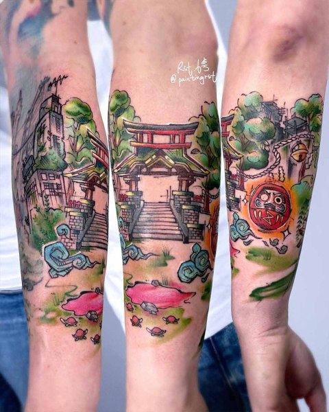 Colour Japanese shrine forearm sleeve tattoo by guest artist Peng at Silent Moon, our private tattoo studio in Bermondsey, South East London.