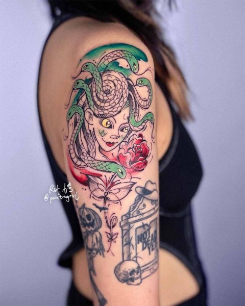 Sketch-style Medusa tattoo by guest artist Peng at Silent Moon, our private tattoo studio in Bermondsey, South East London.