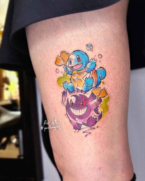 Squirtle and Gengar Pokémon thigh tattoo by guest artist Peng at Silent Moon, our private tattoo studio in Bermondsey, South East London.