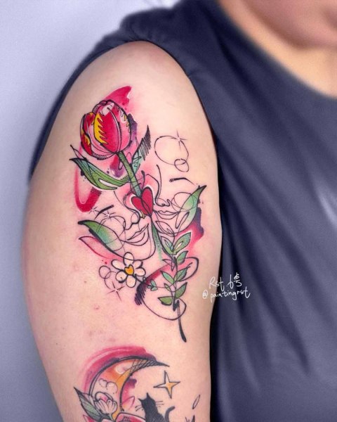 Watercolour tulip and line-art faces tattoo by guest artist Peng at Silent Moon, our private tattoo studio in Bermondsey, South East London.