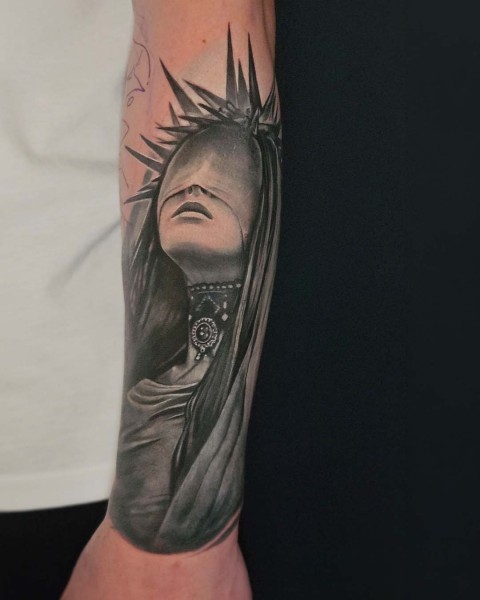 Black and grey realism faceless woman tattoo by Klaudia at Silent Moon, our private tattoo studio in Bermondsey, South East London.