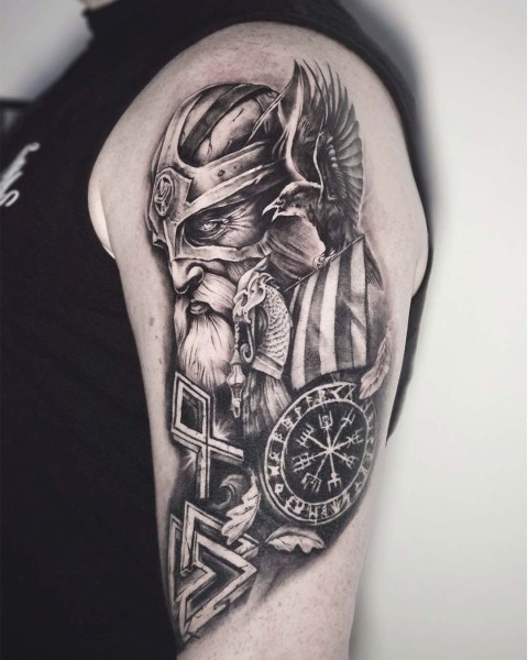 Black and grey realism Odin and raven Viking tattoo by Klaudia at Silent Moon, our private tattoo studio in Bermondsey, South East London.