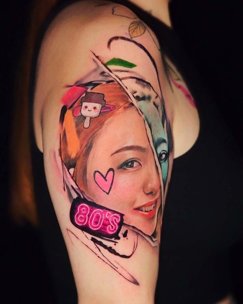Colour realism pop art portrait tattoo with neon 80s details by Klaudia at Silent Moon, our private tattoo studio in Bermondsey, South East London.