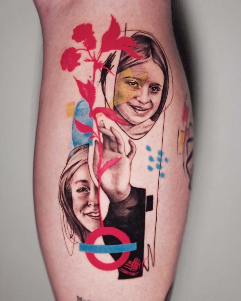 Realism portrait tattoo with abstract colour collage by Klaudia at Silent Moon, our private tattoo studio in Bermondsey, South East London.