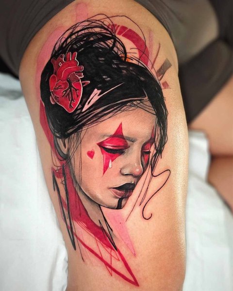 Realism woman portrait tattoo with red sketch accents by Klaudia at Silent Moon, our private tattoo studio in Bermondsey, South East London.