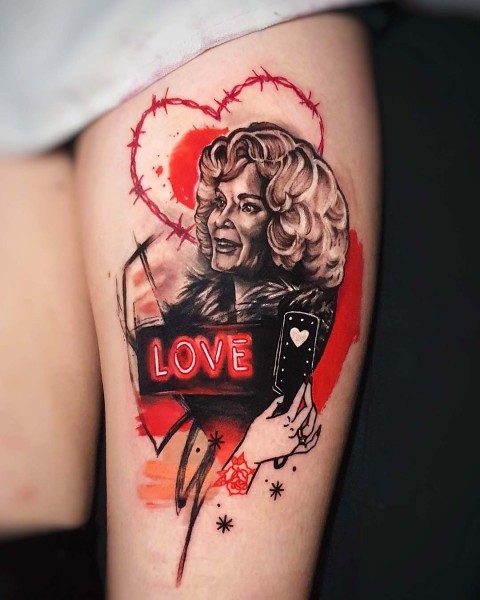 Realism vintage glamour portrait tattoo with red neon details by Klaudia at Silent Moon, our private tattoo studio in Bermondsey, South East London.
