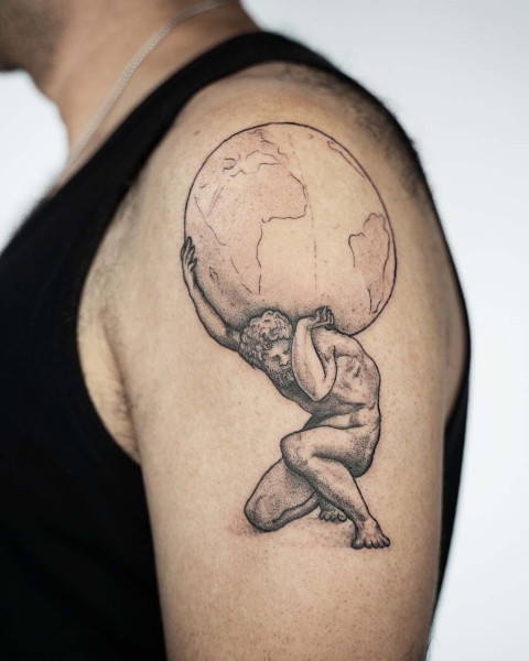 Fine line Atlas tattoo by Robin at Silent Moon, our private tattoo studio in Bermondsey, South East London.