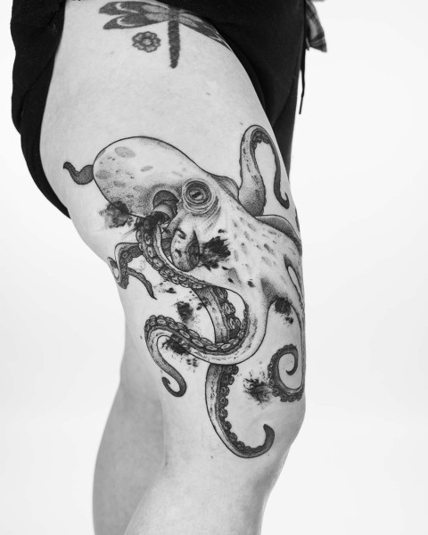 Dotwork octopus thigh tattoo by Robin at Silent Moon, our private tattoo studio in Bermondsey, South East London.