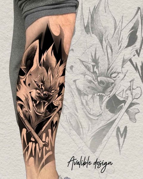 Available hyena leg sleeve tattoo design by Satrxx, shown as a mockup, at Silent Moon, our private tattoo studio in Bermondsey, South East London.