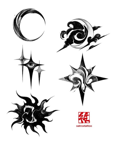 Available celestial sun, moon and stars tattoo designs by Satrxx at Silent Moon, our private tattoo studio in Bermondsey, South East London.