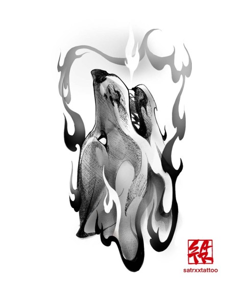 Available howling wolf in flames tattoo design by Satrxx at Silent Moon, our private tattoo studio in Bermondsey, South East London.