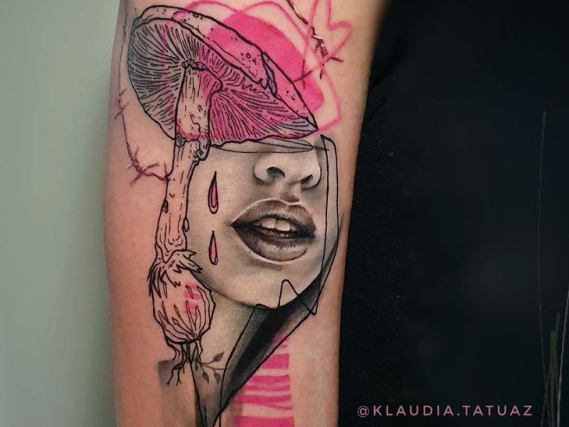 Abstract mushroom and woman's face tattoo with pink accents by Klaudia at Silent Moon, our private tattoo studio in Bermondsey, South East London.
