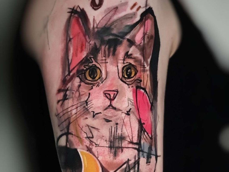 Abstract sketch-style cat portrait tattoo with a sleeping moon by Klaudia at Silent Moon, our private tattoo studio in Bermondsey, South East London.