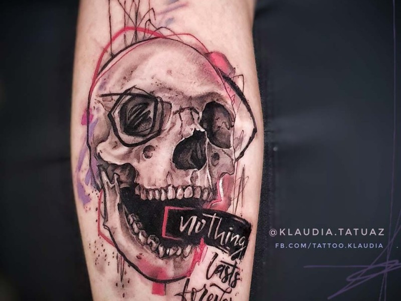 Abstract skull tattoo with "nothing lasts forever" lettering by Klaudia at Silent Moon, our private tattoo studio in Bermondsey, South East London.