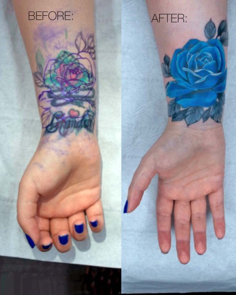 Blue rose cover-up tattoo by Lubava at Silent Moon, our private tattoo studio in Bermondsey, South East London.