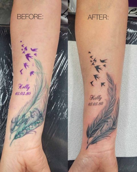Feather cover-up tattoo by Lubava at Silent Moon, our private tattoo studio in Bermondsey, South East London.