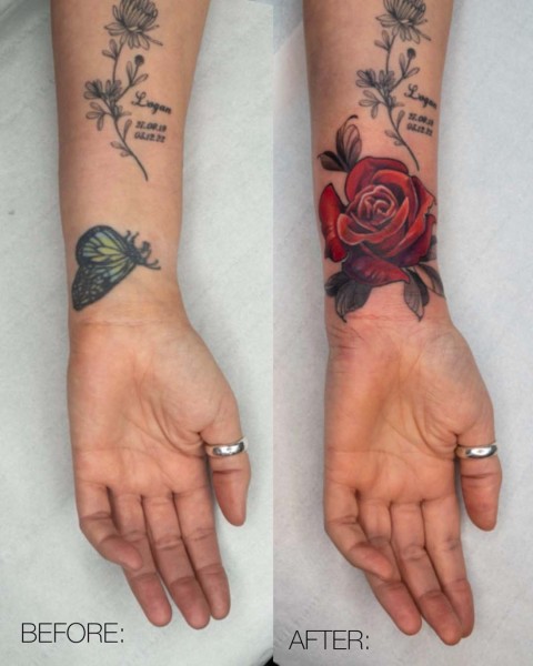 Red rose cover-up tattoo by Lubava at Silent Moon, our private tattoo studio in Bermondsey, South East London.