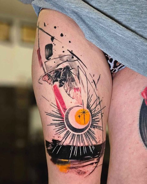 Abstract moth and crescent moon tattoo by Klaudia at Silent Moon, our private tattoo studio in Bermondsey, South East London.