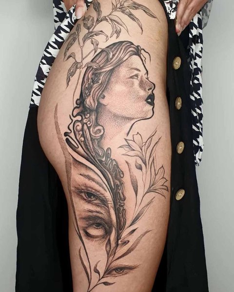 Dotwork Art Nouveau portrait hip and thigh tattoo by Robin at Silent Moon, our private tattoo studio in Bermondsey, South East London.