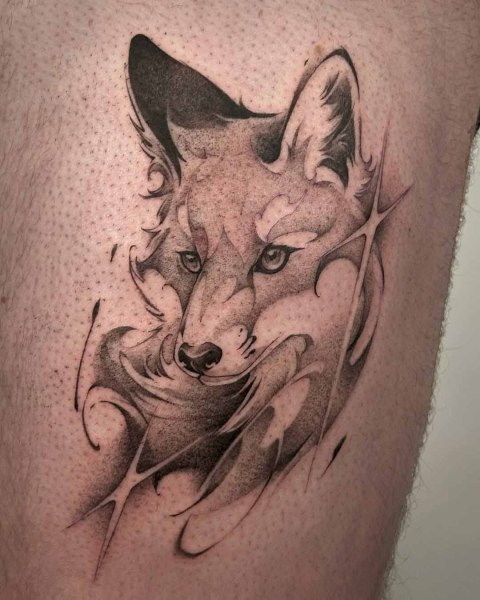 Black and grey fox portrait tattoo by Satrxx at Silent Moon, our private tattoo studio in Bermondsey, South East London.