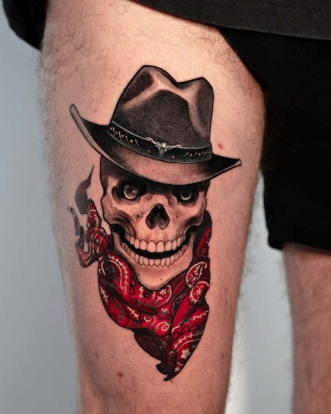 Neo-traditional cowboy skull thigh tattoo by Lubava at Silent Moon, our private tattoo studio in Bermondsey, South East London.