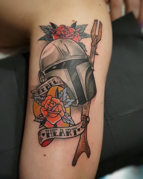 Neo-traditional Mandalorian tattoo by Klaudia at Silent Moon, our private tattoo studio in Bermondsey, South East London.