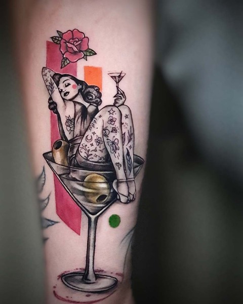 Neo-traditional pin-up girl tattoo by Klaudia at Silent Moon, our private tattoo studio in Bermondsey, South East London.